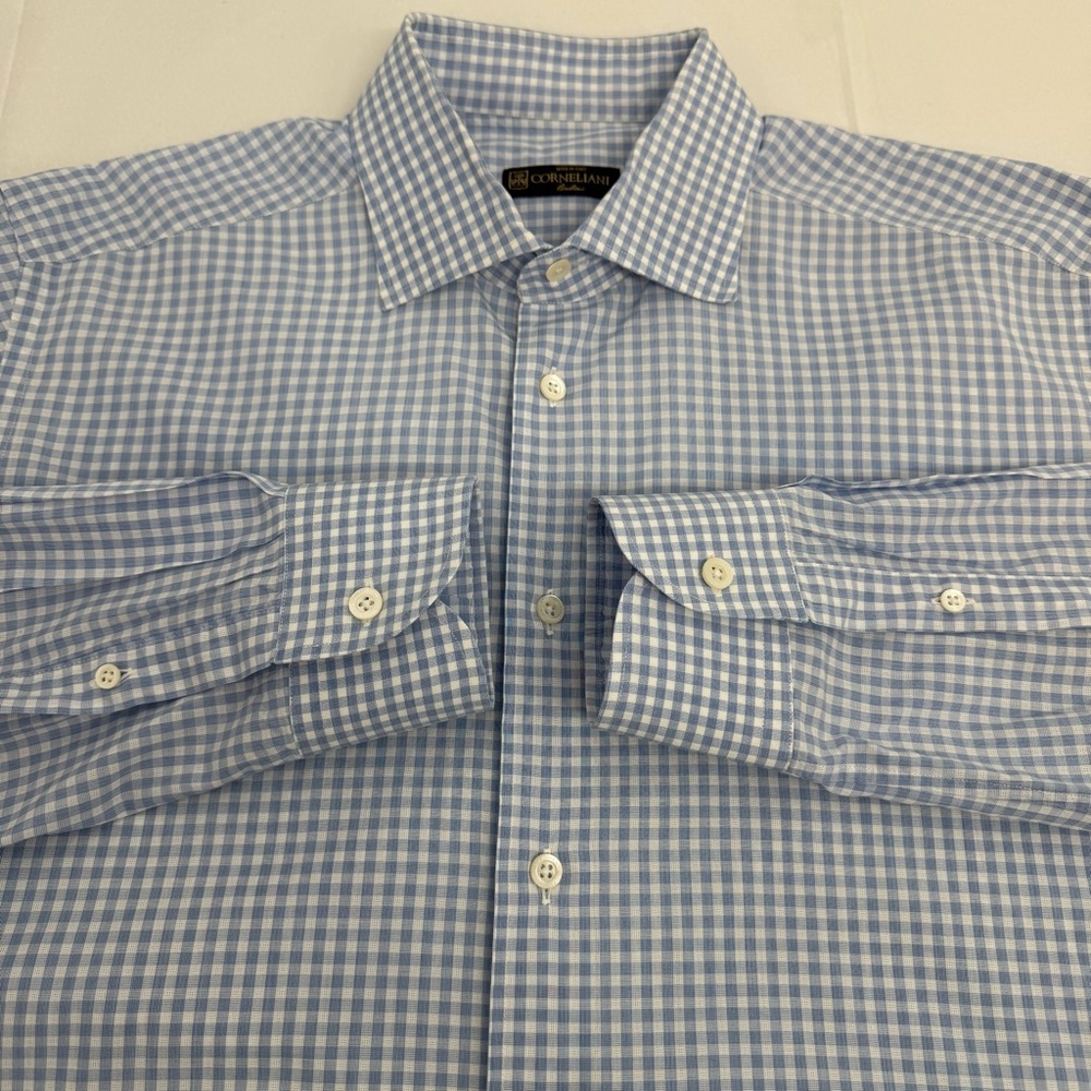 Corneliani Dress Shirt Mens 16.5/42  Blue White Button Up Check